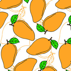 Seamless pattern of mango fruit with leaves on white background vector illustration. Flat design.