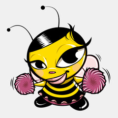 Fototapeta premium Cheerleader bee shaking the pom pom. Girl bee cheering for her favorite team. Cheerleading illustration concept.