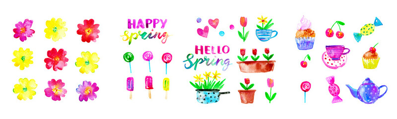 Spring season background with flowers, birds, hearts, teapot, cup, cake, candy, popsicles