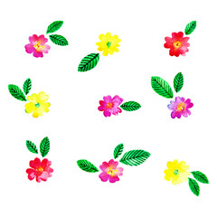 Spring season background with red, pink, yellow flowers primrose and leaves