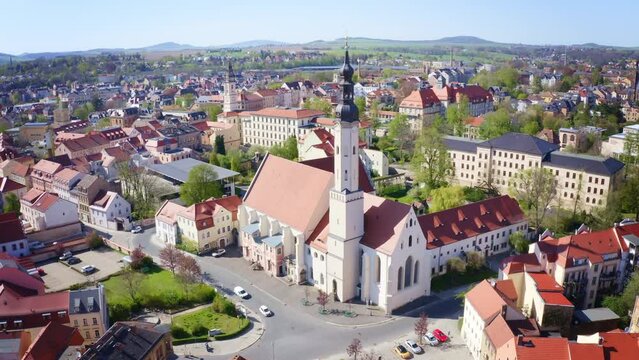 Aerial drone flight over Zittau City in Saxony, Germany