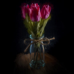 Digital painting of a bouquet of tulip flowers in a glass bottle isolated against a black background.
