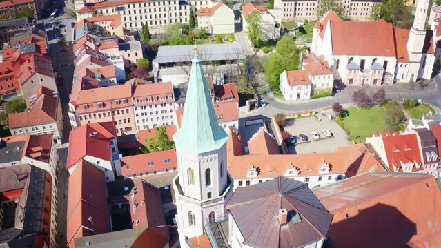Aerial drone flight over Zittau City in Sachsen, Germany