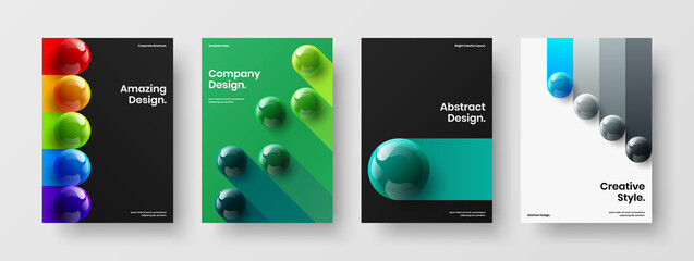 Simple realistic spheres journal cover illustration collection. Geometric brochure vector design layout composition.