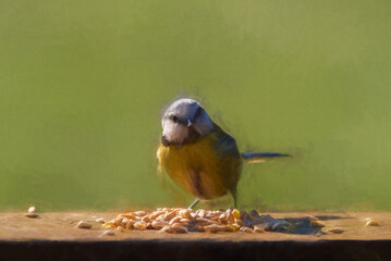 Digital painting of a Eurasian Blue Tit feeding against a green background.
