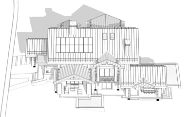 3d rendering of modern cozy chalet with pool and parking for sale or rent. Massive timber beams columns. Black line sketch with soft light shadows on white background.