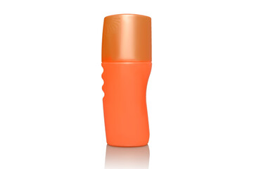 Orange plastic container. On white background. Close-up.