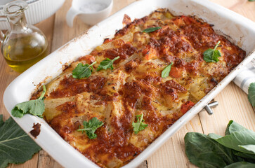 Vegetable casserole with kohlrabi, bell peppers, carrots, onions in a cream sauce  with cheese...