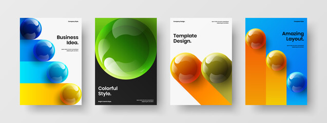 Original realistic spheres corporate brochure illustration collection. Minimalistic placard vector design layout bundle.