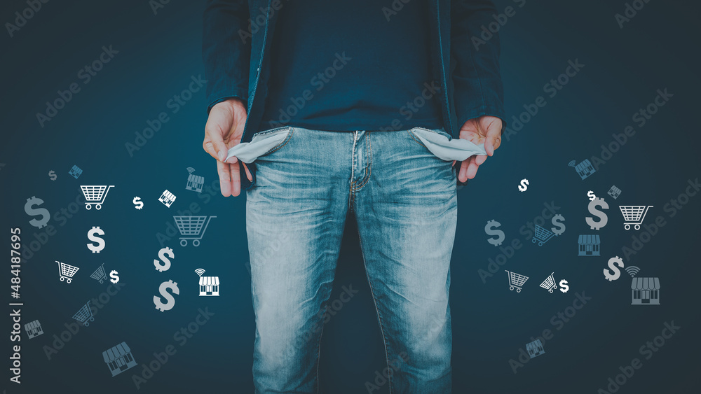 Poster Man showing his empty pockets with many shopping online.