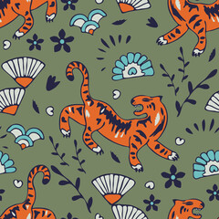 Seamless vector pattern with tiger year on green background. Chines animal tradition wallpaper design. Decorative Asian fashion textile.