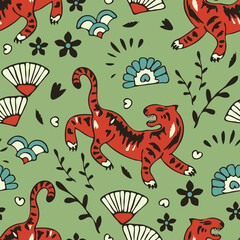 Seamless vector pattern with hand drown tiger on green background. Simple Chinese new year animal wallpaper design. Decorative animal fashion textile.