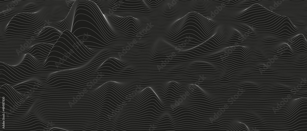 Poster abstract background with distorted line shapes on a black background. monochrome sound line waves.