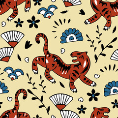 Seamless vector pattern with Asian tiger on light yellow background. Simple hand drawn animal wallpaper design. Decorative culture fashion textile.