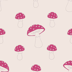 Seamless vector pattern with hand drawn mushrooms on cream white background. Simple cartoon toadstool wallpaper design. Decorative baby fashion textile.