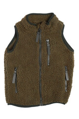 Naklejka premium Fur vest. A olive-green fur vest with wool lining fabric and zipper for the little boy isolated on a white background. Child spring and autumn fashion.