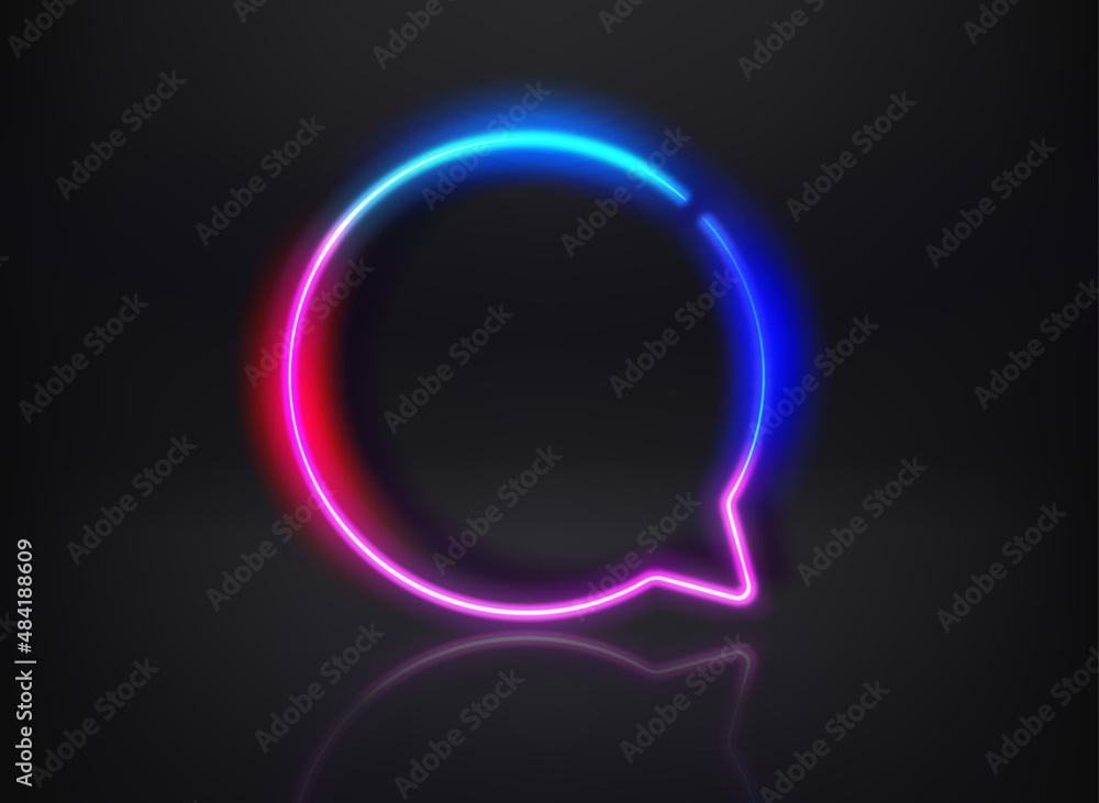 Poster neon glowing speech bubble on dark background. template for design