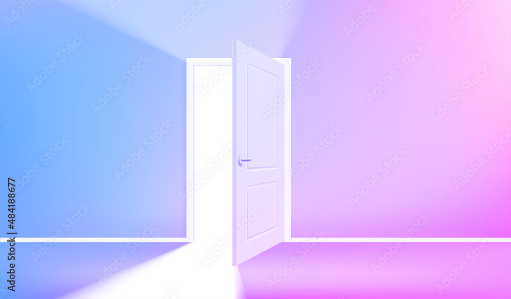 Poster opened door in corridor with vivid light. realistic 3d style vector illustration