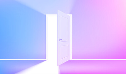 Opened door in corridor with vivid light. Realistic 3d style vector illustration