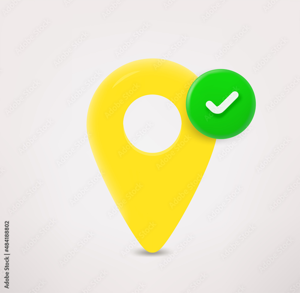 Poster navigation pin icon with checkmark. 3d vector icon