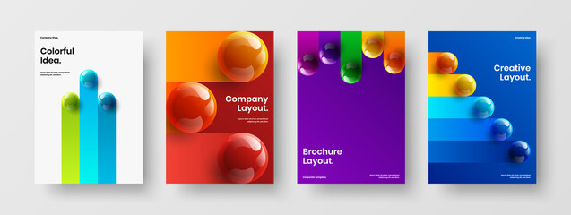 Minimalistic postcard vector design layout bundle. Simple 3D spheres brochure illustration composition.