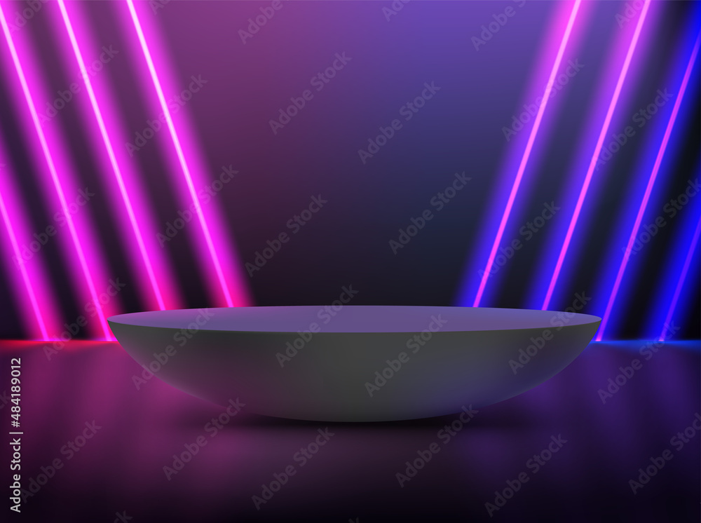 Poster dark room with purple and blue diagonal neon and podium. 3d vector showcase with copy space