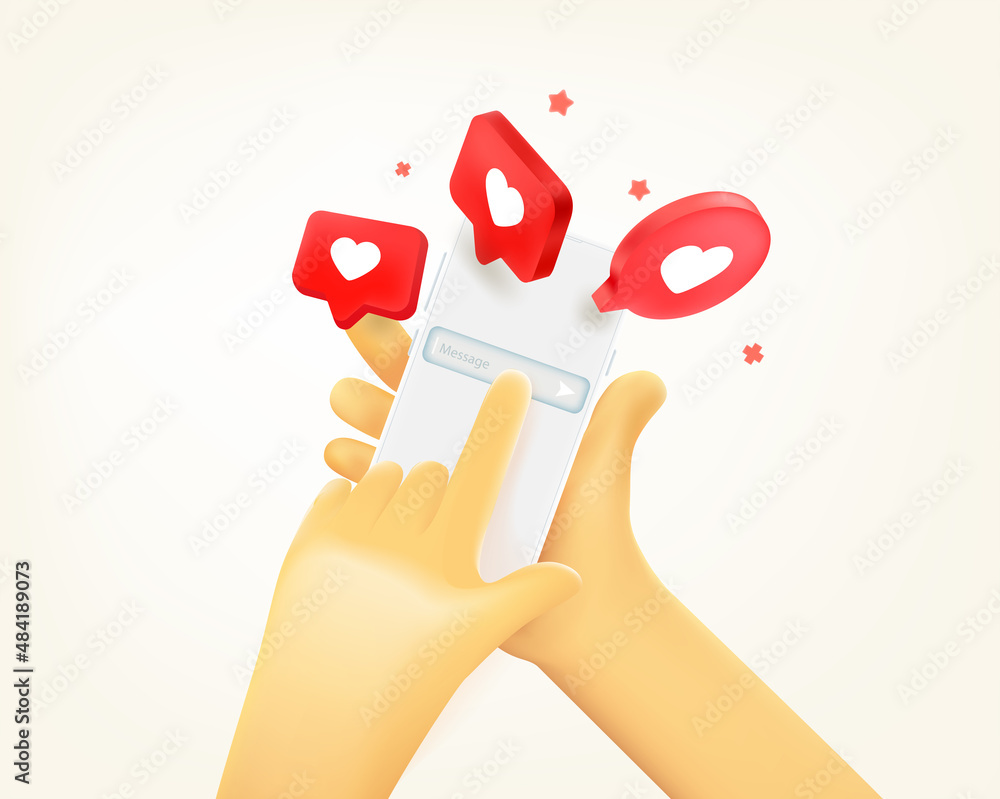 Poster Man writing a message in social media via mobile phone. 3d vector illustration