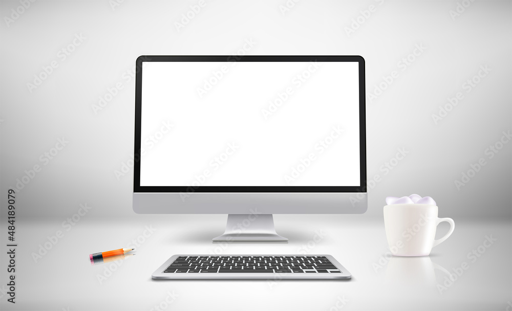 Poster white interior with modern computer. 3d vector mockup