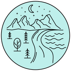Nature in monoline style with blue color. Logo in monoline style with blue color. Mountain in monoline style with blue color.