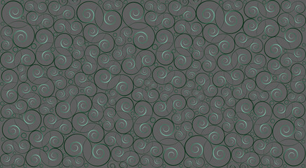 Original abstract background, graphic wallpaper. Swirls of different sizes, filled with a gradient fill of a green palette, are randomly located on a gray background.