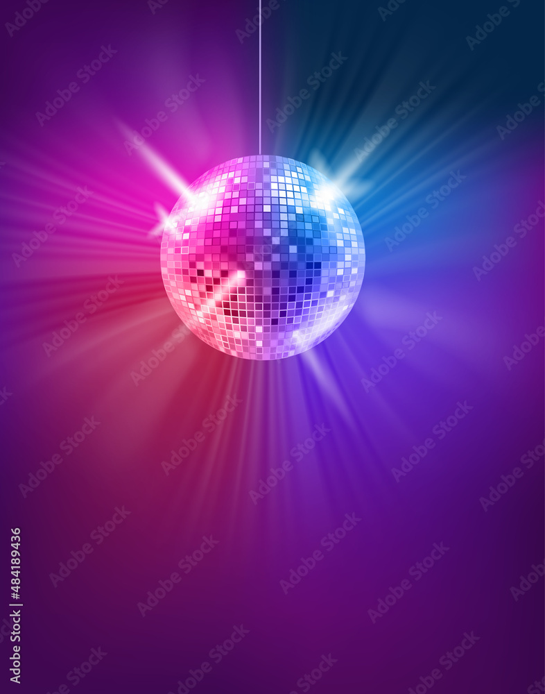 Poster dark room with glowing colorful disco ball. vector 3d banner with copy space
