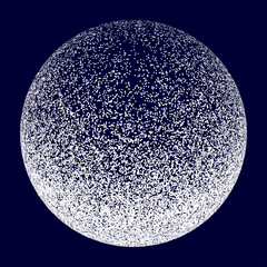 Vector halftone abstract sphere of black random dots on black background, vector design element.