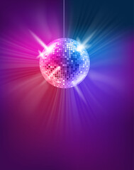 Dark room with glowing colorful disco ball. Vector 3d banner with copy space - obrazy, fototapety, plakaty