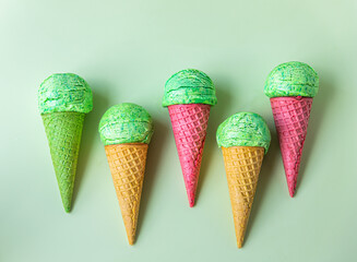 Homemade green ice cream with lime and mint in waffle cones on green pastel background. Summer dessert. Top view.