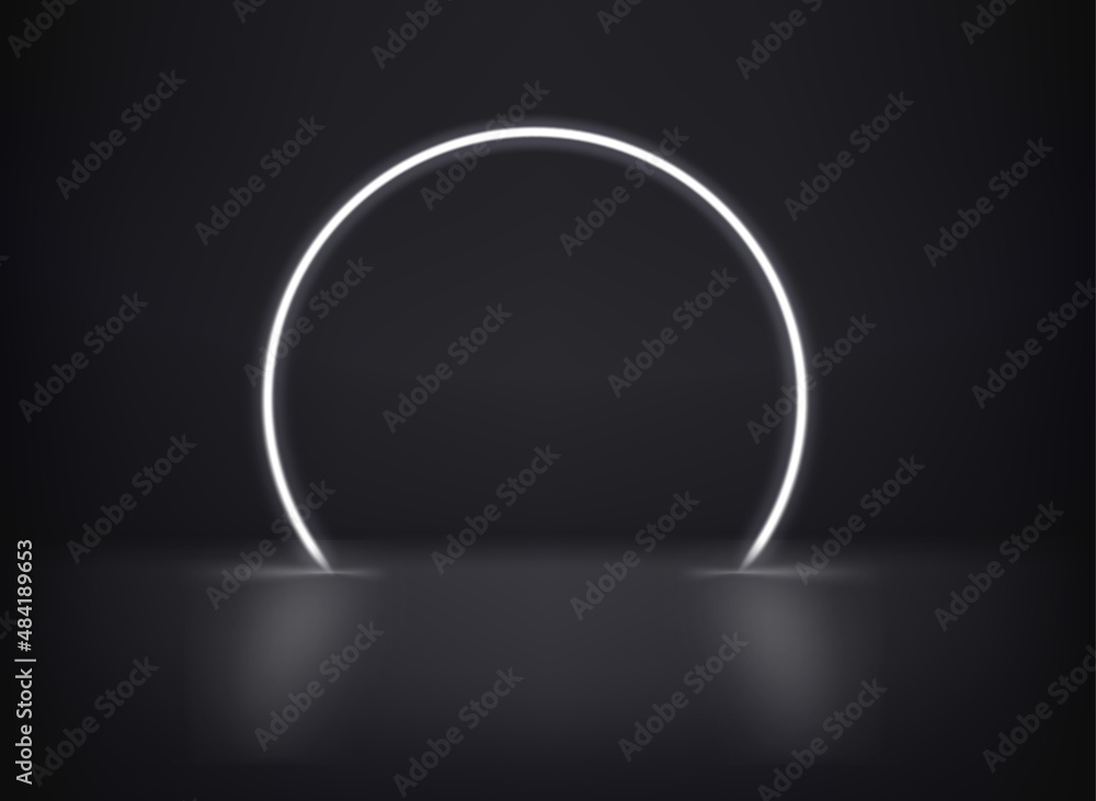 Poster white neon glowing circle on dark interior. 3d vector template for design