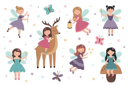 A set of cute little fairies. Magical fairy-tale characters. Girls with wings and magic wands. Vector illustration