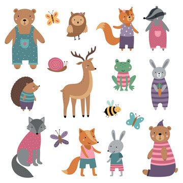A set of cute cartoon animals in clothes. Funny forest animals. Vector illustration for poster, T-shirt print, stickers, nursery decor