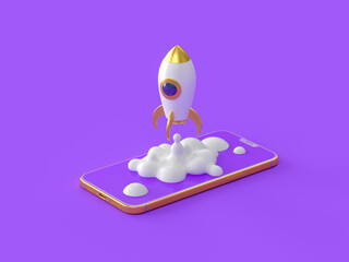 Rocket icon on Violet background. 3d render illustration.