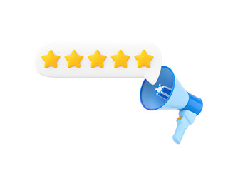 Megaphone and speech bubble with five gold star rating. Customer review. Feedback concept. Online...