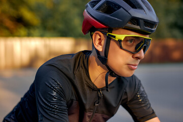 Young caucasian cyclist in black helmet, protective glasses and active wear dynamically riding bicycle. Man preparing for competitions and races on fresh air. outdoors in nature, on road