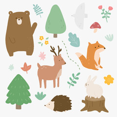 Hand drawn forest animal collection. Forest illustration.