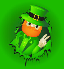 Leprechaun Gnome with peace gesture peeking out of torn hole. St Patrick's day vector illustration.
