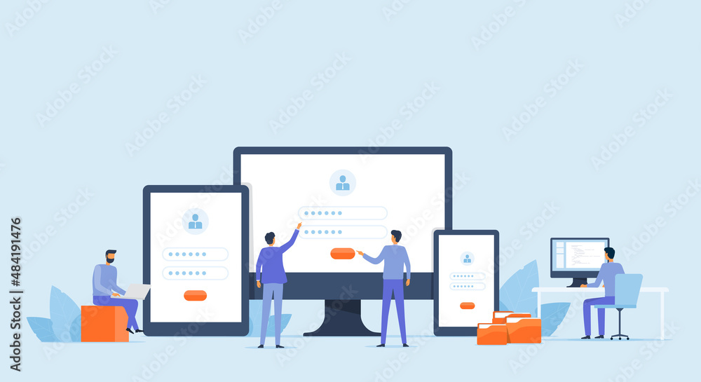 Poster business developer team working on device monitor concept. flat vector illustration cartoon design