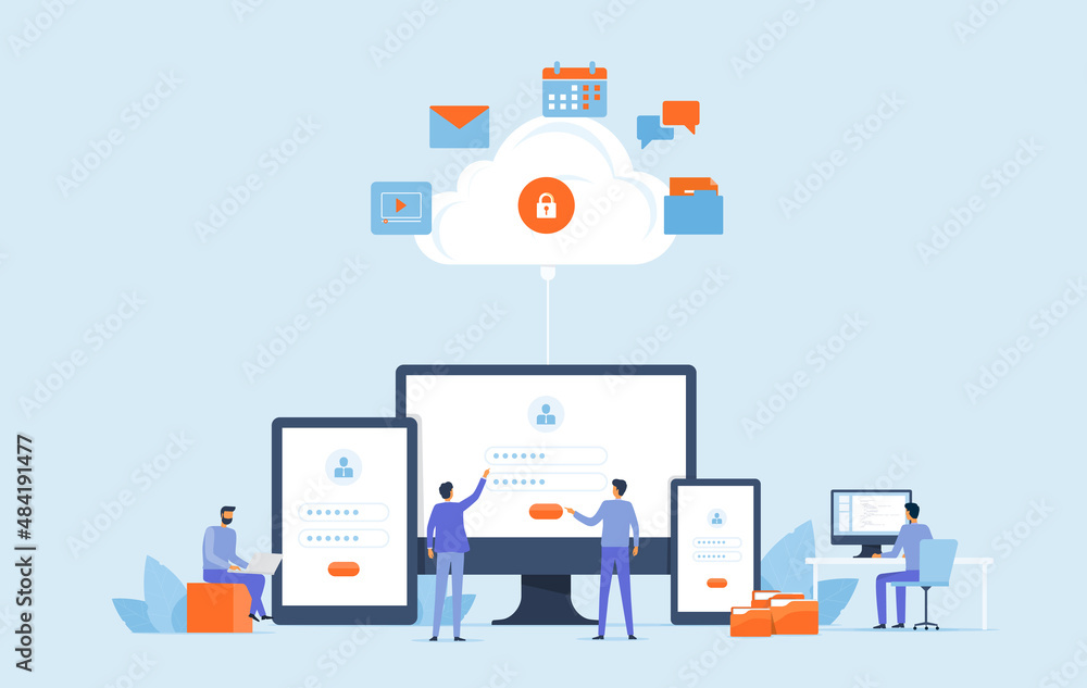 Poster business Flat vector design technology cloud computing service concept with developer team working concept