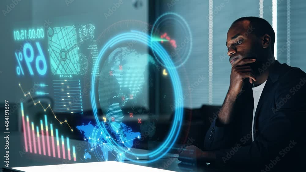 Poster black man watching hologram screen. gui (graphical user interface).