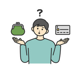 若い男性がクレジットカードか現金か決済方法について迷うイラスト素材