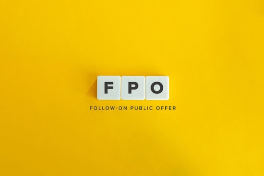 Follow-on Public Offer (FPO) Banner. Letter tiles on bright orange background. Minimal aesthetics.