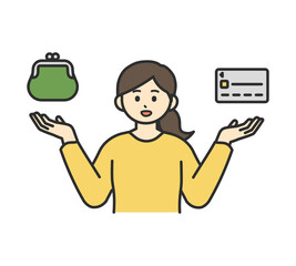若い女性がクレジットカードと現金で決済方法を比べるイラスト素材