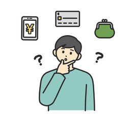 若い男性が決済方法について考えるイラスト素材