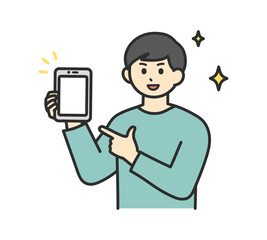若い男性がスマートフォンに指を刺しているイラスト素材